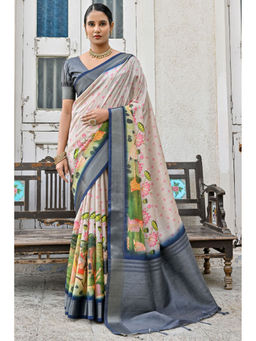 SGF11 - Cream Kanjivaram Kalamkari Pure Soft Silk Saree with Unstitched Blouse