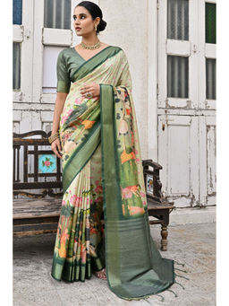SGF11 - Green Kanjivaram Kalamkari Pure Soft Silk Saree with Unstitched Blouse