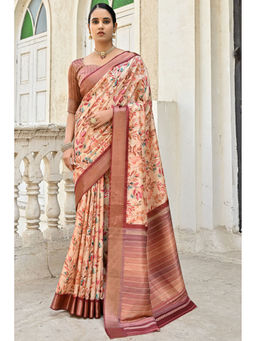 SGF11 - Beige Maroon Kanjivaram Kalamkari Pure Soft Silk Saree with Unstitched Blouse
