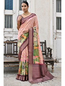 SGF11 - Peach Kanjivaram Kalamkari Pure Soft Silk Saree with Unstitched Blouse