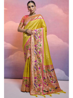 SGF11 - Yellow Kanjivaram Paithani Pure Soft Silk Saree with Unstitched Blouse