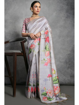 SGF11 - Grey Tussar Soft Silk Saree with Unstitched Blouse