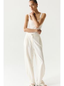 H&M - Women White Linen-Blend Balloon Trousers