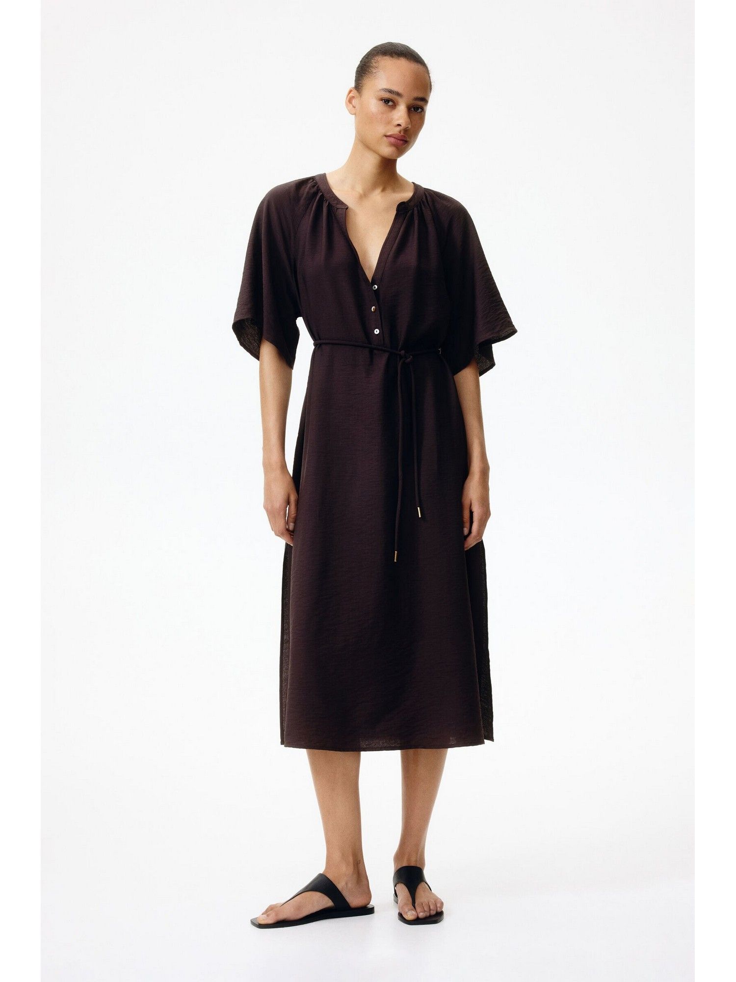 h&m Women Brown Tie-Detail Tunic Dress With Belt-picture-15