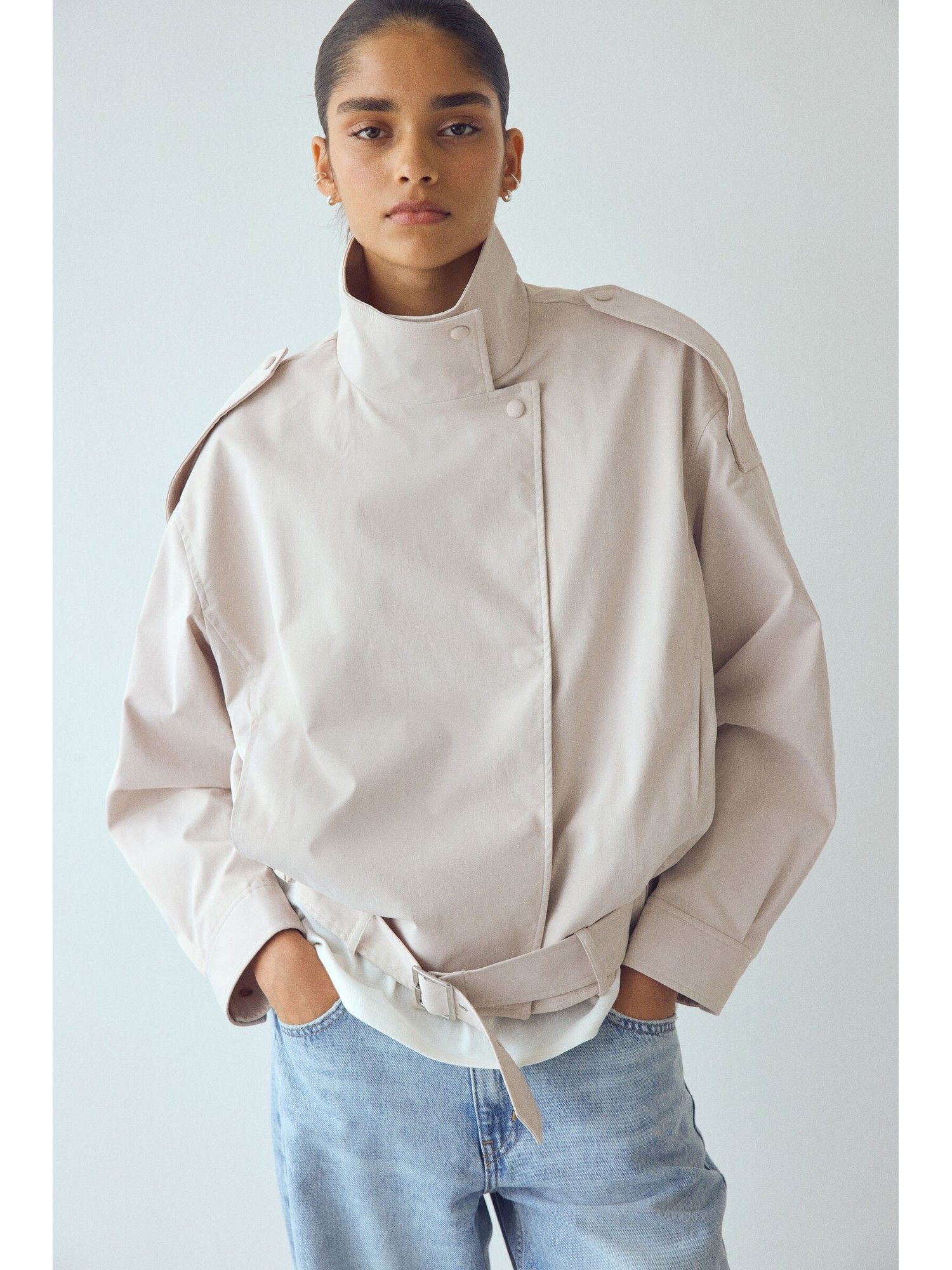 h&m Women Beige Oversized Belted Jacket-picture-33