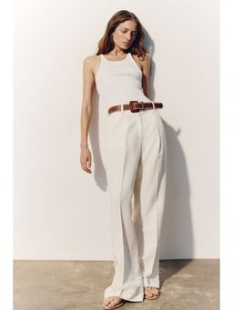 H&M - Women White Belted Linen-Blend Trousers