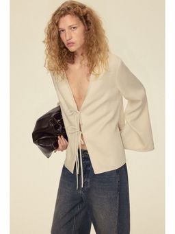 H&M - Women Beige Linen-Blend Tie-Front Jacket