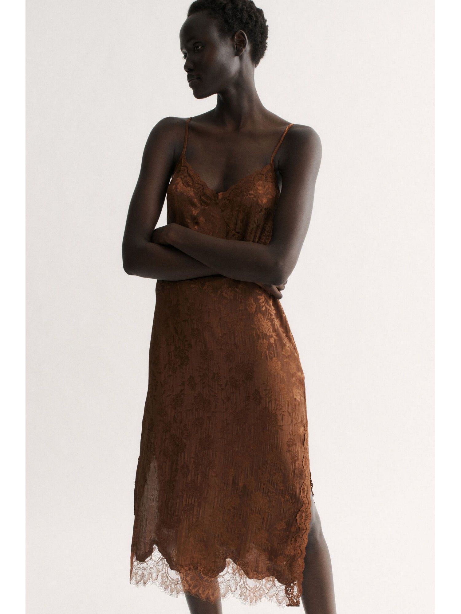 h&m Women Brown Lace-Trimmed Brocade Dress-picture-11