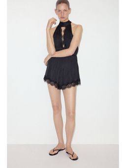 H&M - Women Black Lace-Trimmed Halter Neck Playsuit