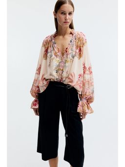 H&M - Women Beige Button-Front Balloon-Sleeved Blouse