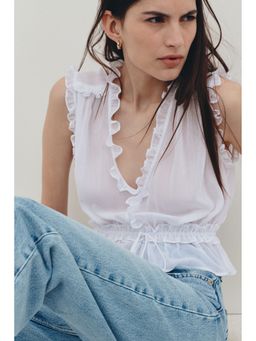 H&M - Women White Frill-Trimmed Lyocell Top