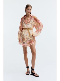 H&M - Women Beige Linen-Blend Tunic Dress With Belt