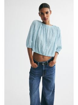 H&M - Women Turquoise Textured Bubble-Hem Blouse