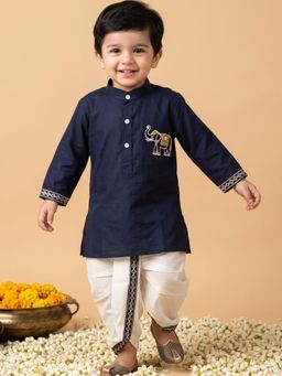 AJ Dezines - Boys Regular Fit Pure Cotton Navy Blue Kurta With Dhoti Pant