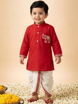 AJ Dezines - Boys Regular Fit Pure Cotton Red Kurta With Dhoti Pant