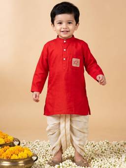 AJ Dezines - Boys Regular Fit Pure Cotton Red Kurta With Dhoti Pant