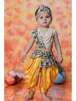 Lagorii - Janmashtami Yellow Dhoti With Angavastram Crown Flute & Jewellery