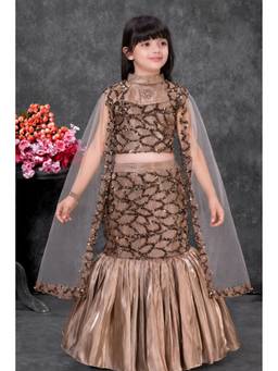 Lagorii - Girls Flared Fit Satin Brown Choli With Lehenga