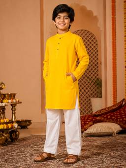 KiddoPanti - Boys Regular Fit Rayon Yellow Kurta