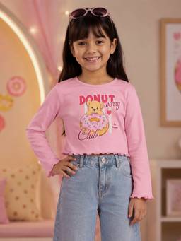 KiddoPanti - Girls Regular Fit Cotton Pink Crop T-Shirt