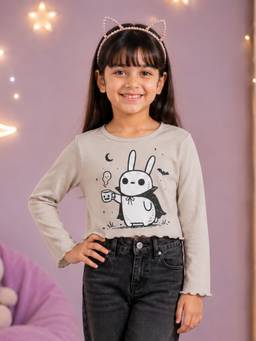 KiddoPanti - Girls Regular Fit Cotton Beige Crop T-Shirt