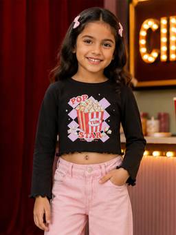 KiddoPanti - Girls Regular Fit Cotton Black Crop T-Shirt