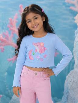 KiddoPanti - Girls Regular Fit Cotton Blue Crop T-Shirt