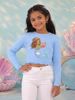 KiddoPanti - Girls Regular Fit Cotton Blue Crop T-Shirt