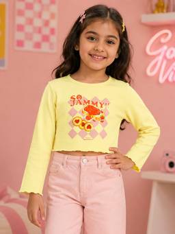 KiddoPanti - Girls Regular Fit Cotton Yellow Crop T-Shirt