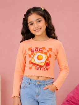 KiddoPanti - Girls Regular Fit Cotton Peach Crop T-Shirt