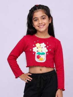 KiddoPanti - Girls Regular Fit Cotton Red Crop T-Shirt
