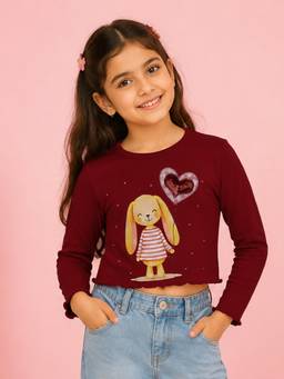 KiddoPanti - Girls Regular Fit Cotton Red Crop T-Shirt