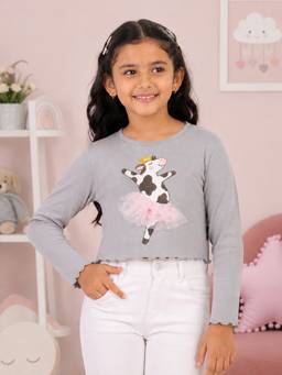 KiddoPanti - Girls Regular Fit Cotton Grey Crop T-Shirt