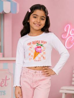 KiddoPanti - Girls Regular Fit Cotton White Crop T-Shirt