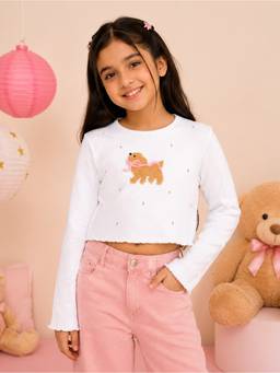KiddoPanti - Girls Regular Fit Cotton White Crop T-Shirt