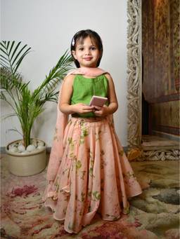 Evaraah - Girls Relaxed Fit Chanderi Green Top With Lehenga & Dupatta