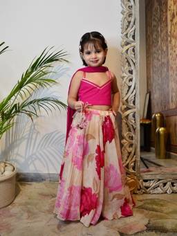 Evaraah - Girls Relaxed Fit Cotton Pink Top With Lehenga & Dupatta