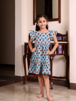 Evaraah - Girls Relaxed Fit Cotton Blue Frock