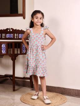 Evaraah - Girls Relaxed Fit Cotton Blue Frock