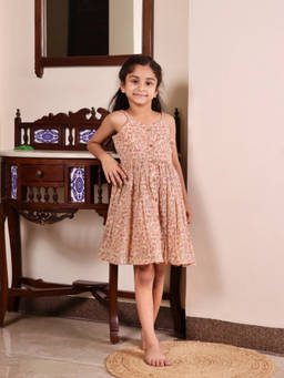 Evaraah - Girls Relaxed Fit Cotton Beige Frock