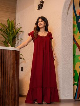 FEATHERS CLOSET - Maroon Flared Soft Crepe Night Maxi
