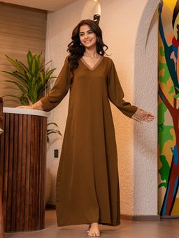 FEATHERS CLOSET - Rust Brown Soft Crepe V-Neck Maxi