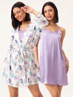Clovia - Satin Pretty Floral Short Robe and Babydoll (Set of 2)