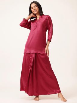 Clovia - Chic Basic Satin Long Button Down Top With Dhoti Style Skirt (Set of 2)