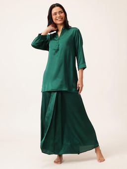 Clovia - Chic Basic Satin Long Button Down Top With Dhoti Style Skirt (Set of 2)