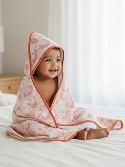 Cocoon Care - Bamboo Muslin Pink Whale Printed Hooded Towel For Babies (18-24 Months)