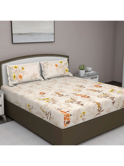 GM - Beige And Yellow Floral 180 Tc Cotton Queen Bedsheet With 2 Pillow Covers