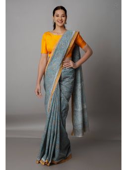 Unnati Silks - Grey Block Printed Sico Saree with Unstitched Blouse