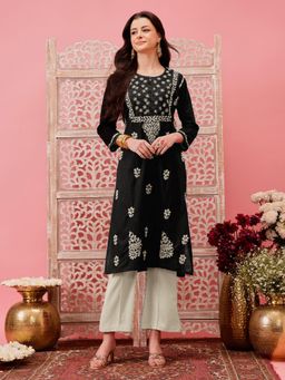 ADA - Black and White Ethnic Embroidered Lucknowi Chikankari Cotton Kurta