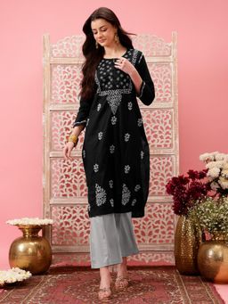 ADA - Black and Grey Ethnic Embroidered Lucknowi Chikankari Cotton Kurta